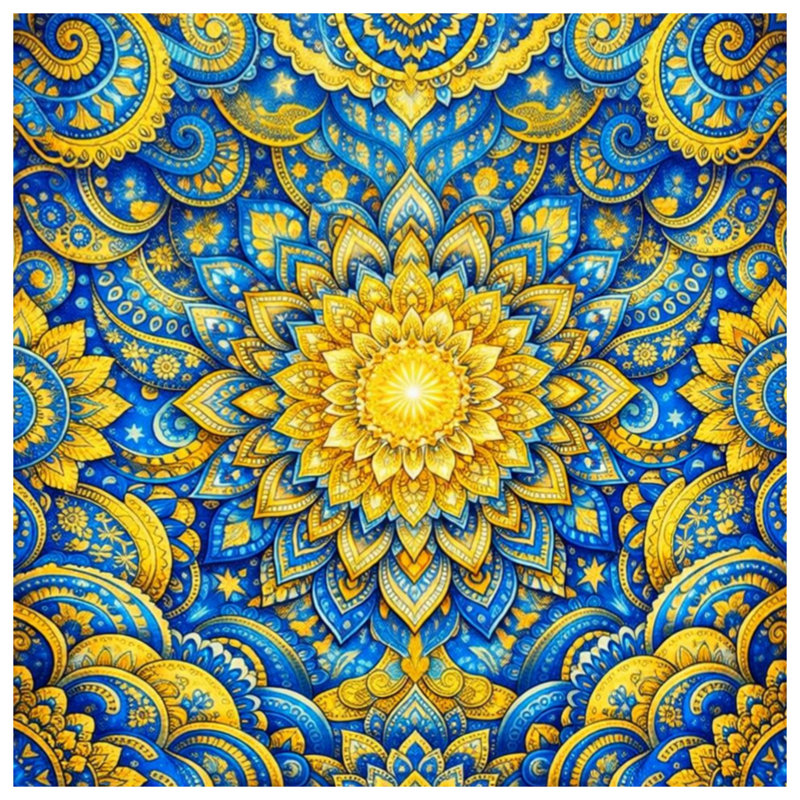 Rideaux de fenêtre mandala complexes, bleu et jaune, voilages et rideaux à motif mandala - 1 panneau, 50" x 92" - 1 Panel