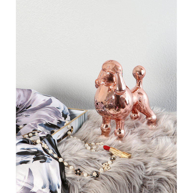 Figurine Rideau, Or rose métallique, H 10 po x l 8,74 po x P 4,13 po, Caniche