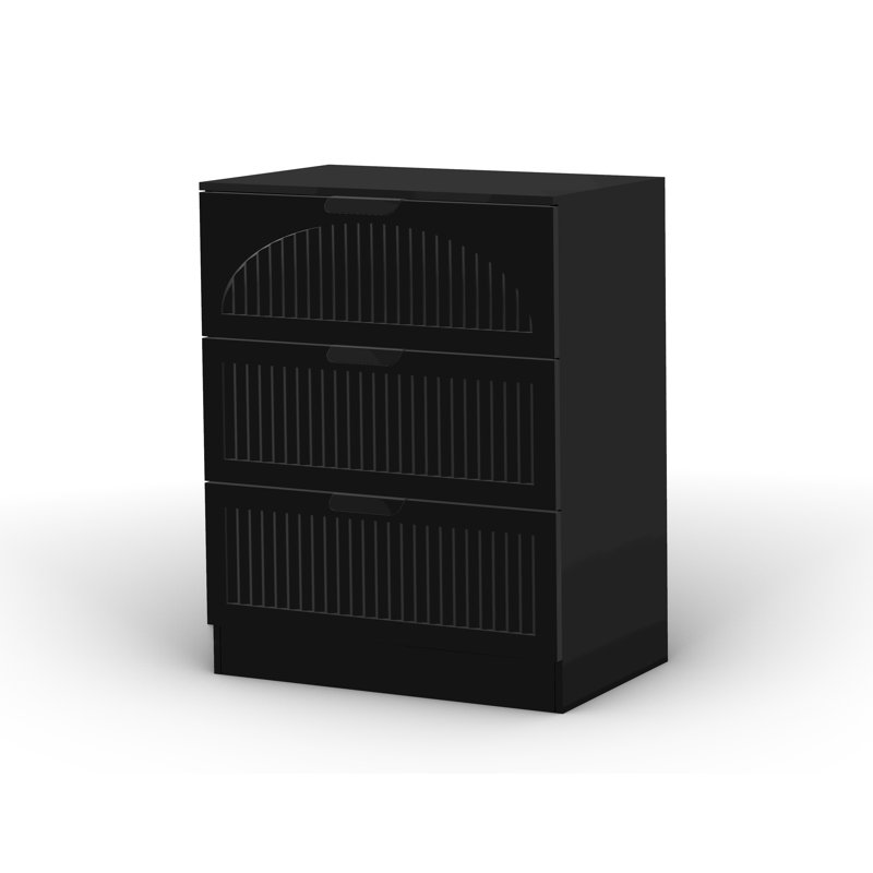 Table de chevet cannelée à 3 tiroirs de 60 cm de large avec poignées en métal, table de chevet en bois avec façades arquées pour chambre à coucher