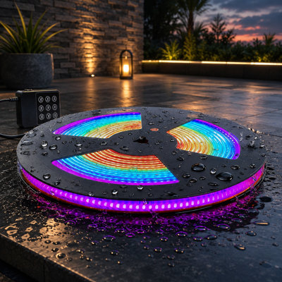 Outdoor 20FT COB RGB+IC lighting with an IP67 rating and 24V RGB color changing, controlled by remote or smart app with music sync for bedrooms, gardens, pools, patios, parties, DIY projects, and other outdoor decor.