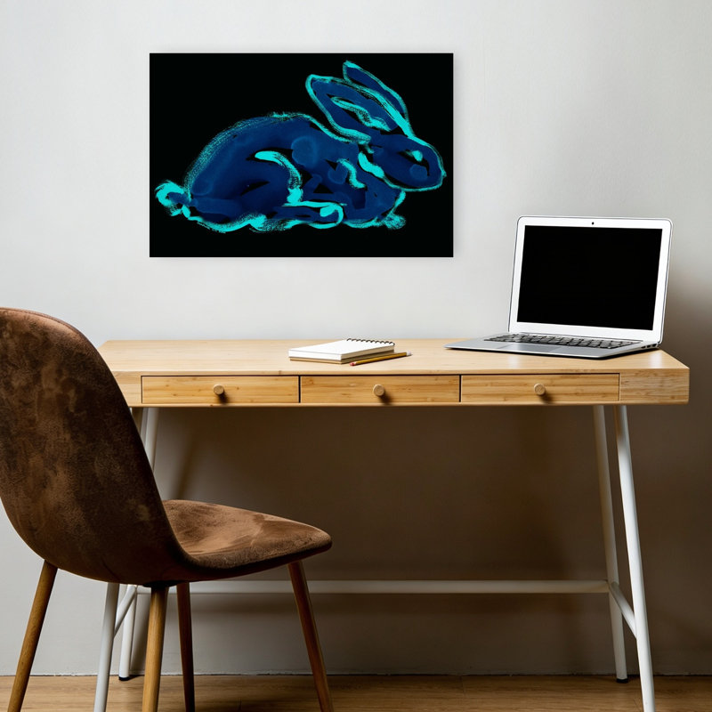 «Blue Rabbit», reproduction d'art mural abstrait forêt minimaliste contemporaine, 12" H x 18" W