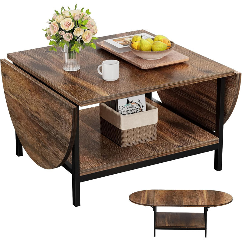 Rustic Brown Oval Extendable 2-Tier Coffee Table with Metal Legs