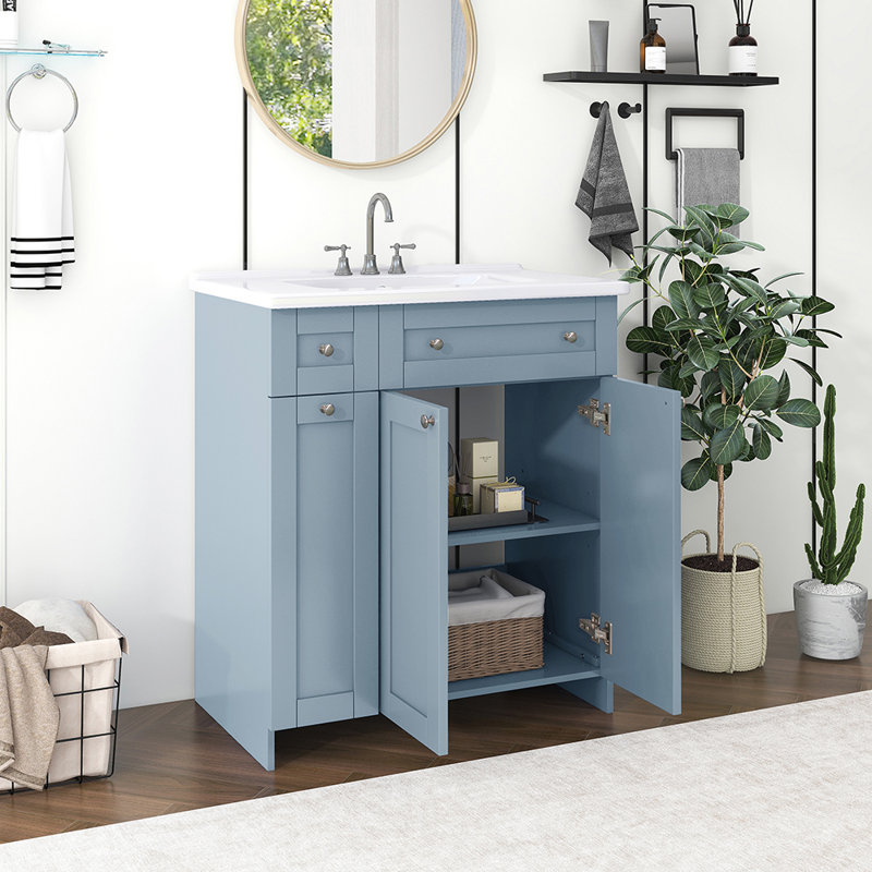 Blue 30-Inch Freestanding Bathroom Vanity with Ceramic Sink and Storage