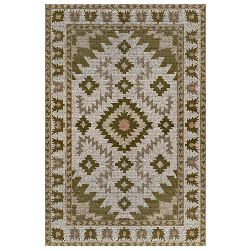 Minna Collection Digital Print Cotton-Polyester Beige Green Moroccan Rug, Square 6'7"