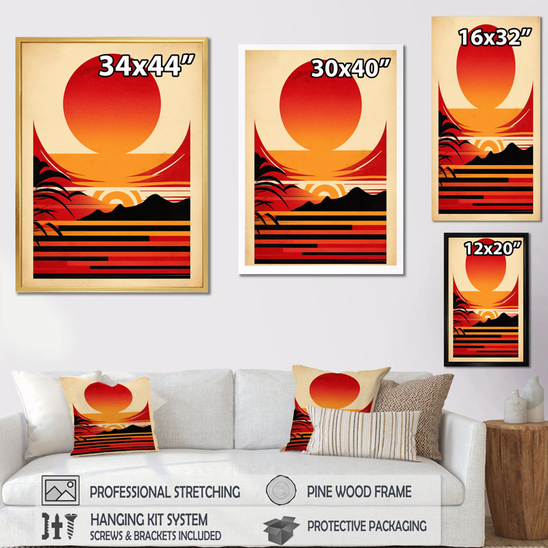 Décoration murale rouge «Bold Sunset I» - Bord de mer côtier, H 32 po x l 16 po x P 1 po, Toile tendue