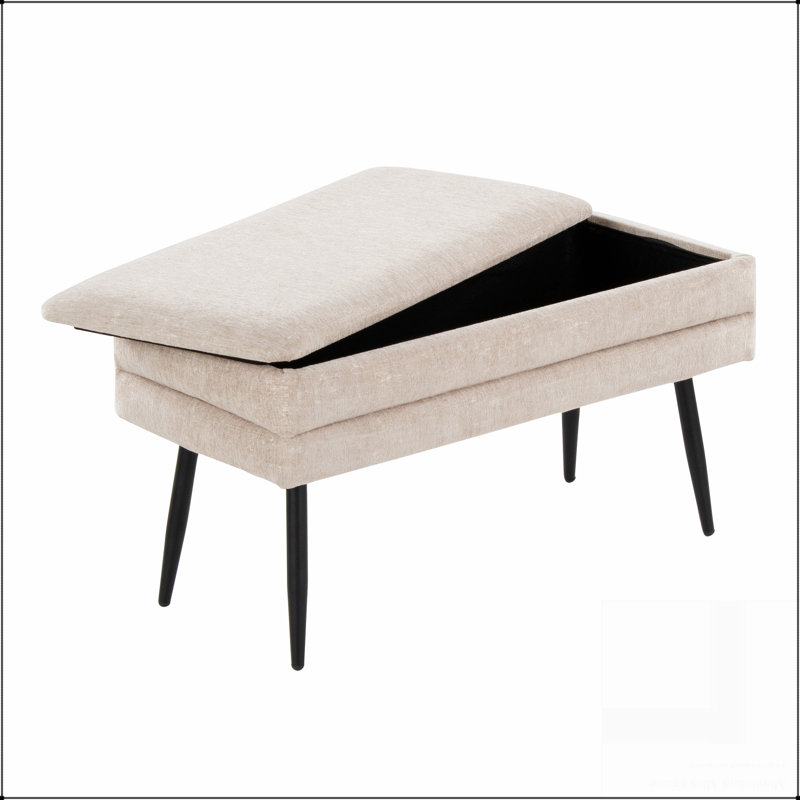 Banc de rangement contemporain - pieds en métal, tissu moelleux, couvercle amovible (banc seulement), Beige