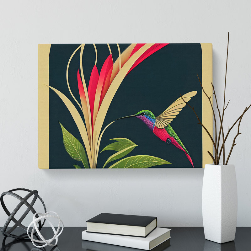 Hummingbird Art Deco Style Abstract - Wrapped Canvas, 50cm H x 76cm W x 3cm D