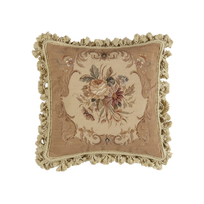 Needlepoint Fringed Reversible Throw Pillow, Square 16", Brown Floral 7