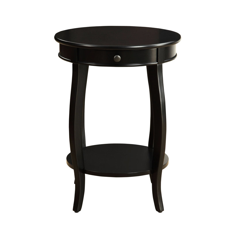 Table basse ronde rétro avec tiroir et compartiment de rangement ouvert inférieur, finition noire, pieds, rangement latéral One Kd, assemblage en bois massif, bon pour les taches