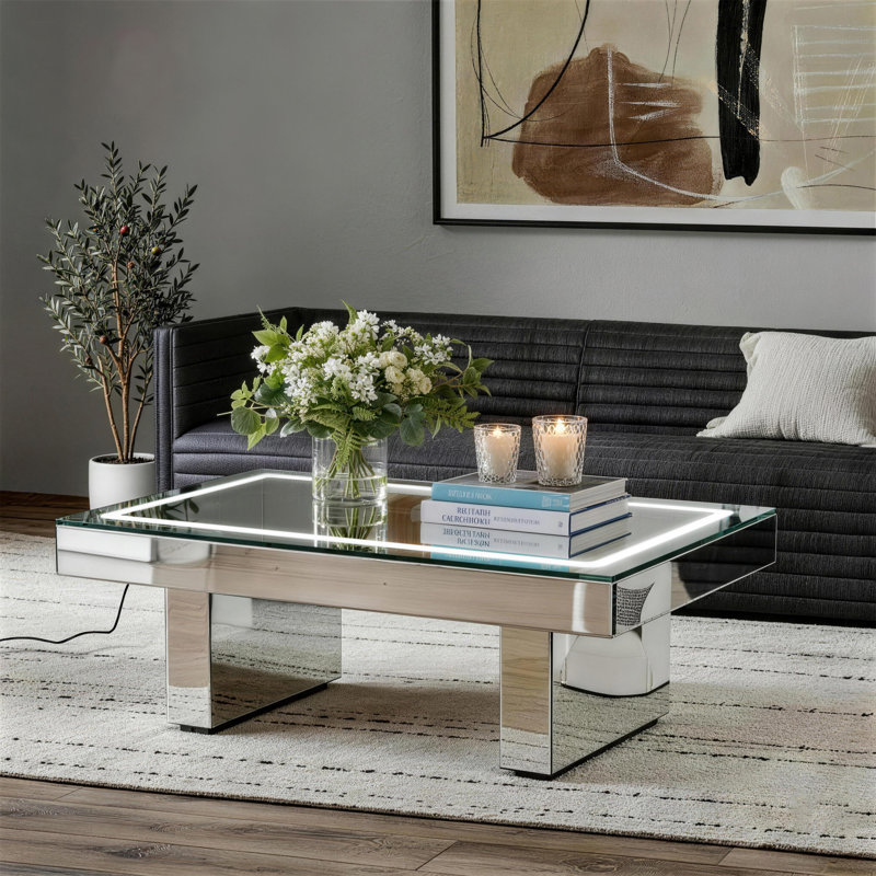 Table basse moderne en verre Amla avec éclairage DEL, chargement sans fil et haut-parleurs Bluetooth