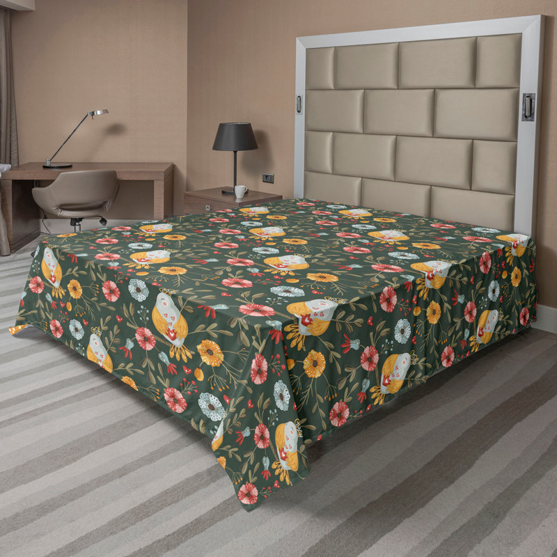 Ambesonne Flowers Flat Sheet Nostalgia Farmhouse, Mustard Ruby Army Green