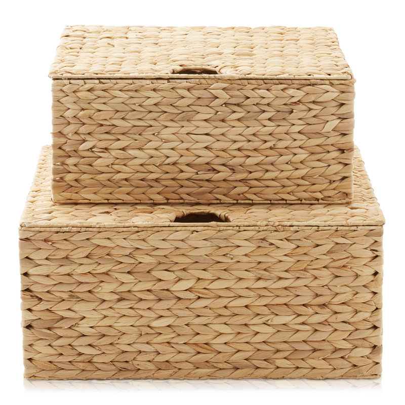 Water Hyacinth Rectangular Storage Baskets with Lids (Natural - Medium/Large)