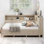 Lit de jour en bois avec tablettes de rangement et 3 tiroirs, lait blanc antique-1160411792