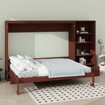 Queen-Size Wall-Mounted Murphy Bed With Adjustable Storage And Shelf, Bed Frame With 1 Customizable Drawer