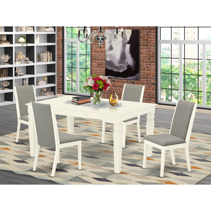 Ensemble de salle à manger 5 pièces comprenant une table de salle à manger rectangulaire avec rallonge papillon et 4 chaises rembourrées en lin Shitake, blanc lin