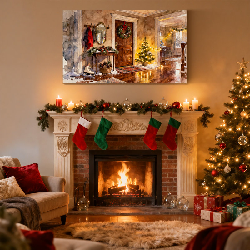 Ensemble de 3 impressions sur toile, entrée de Noël avec arbre et couronne, H 16 po x l 24 po