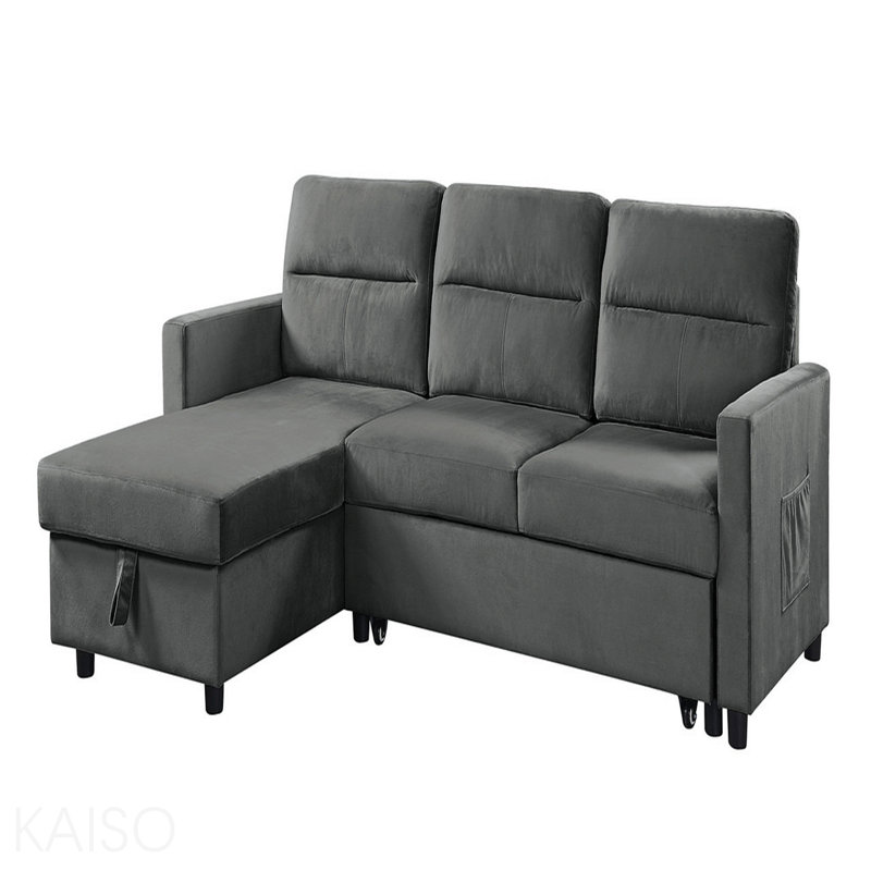 Canapé-lit modulaire réversible en velours gris foncé de 81,5 po avec méridienne et rangement, Gris foncé