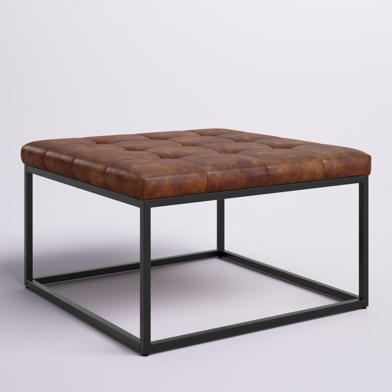 Prosperie 28.1" Wide Industrial Square Faux Leather Ottoman Coffee Table with Metal Frame