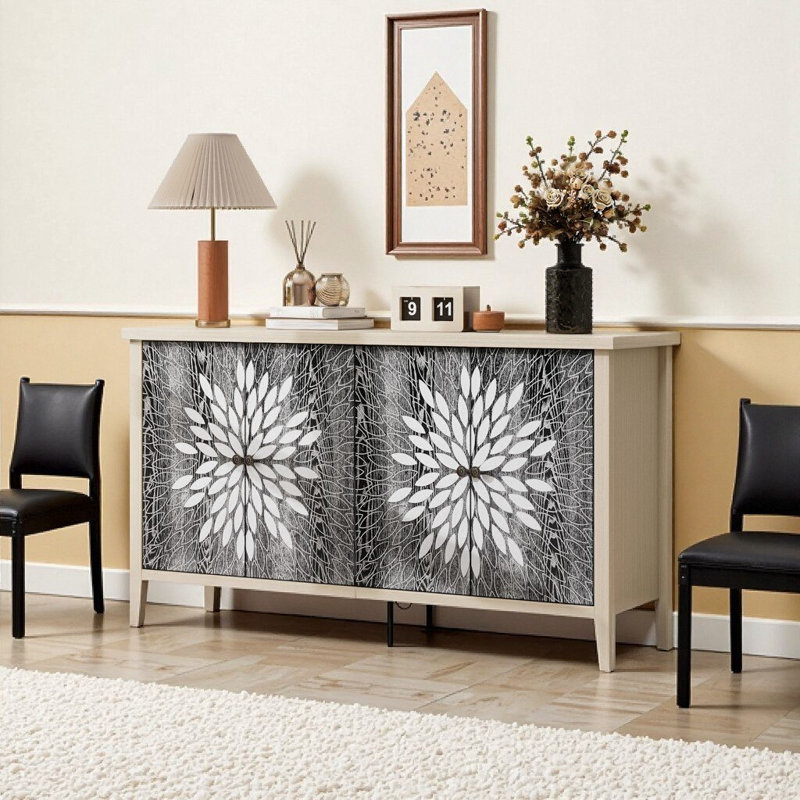 Modern 58-inch Sideboard Buffet Cabinet with 4 Doors & Adjustable Shelves, Black/Natural Wood Grain Storage for Living Room, Dining & Entryway