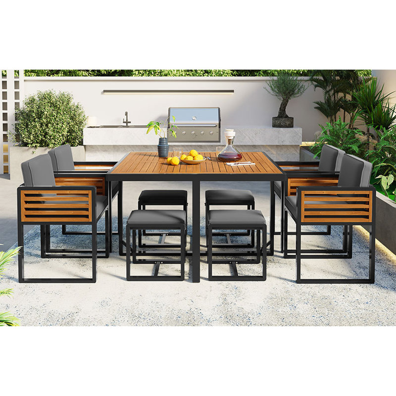 Ensemble de salle à manger de jardin en bois d'acacia de 9 pièces GO, ensemble de patio extérieur peu encombrant, 4 chaises rembourrées et 4 repose-pieds et 1 table carrée, pour la cour, le jardin, la terrasse et le bord de la piscine, gris