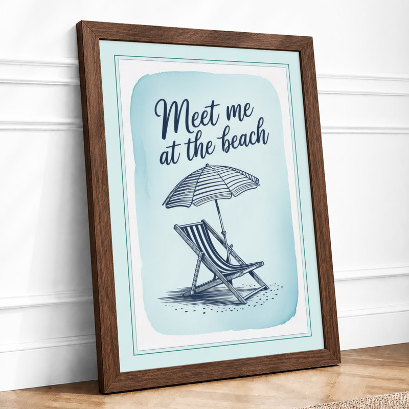 Meet Me at the Beach Coastal - Framed Print, A4 - 29.7 x 21.0 cm, Walnut