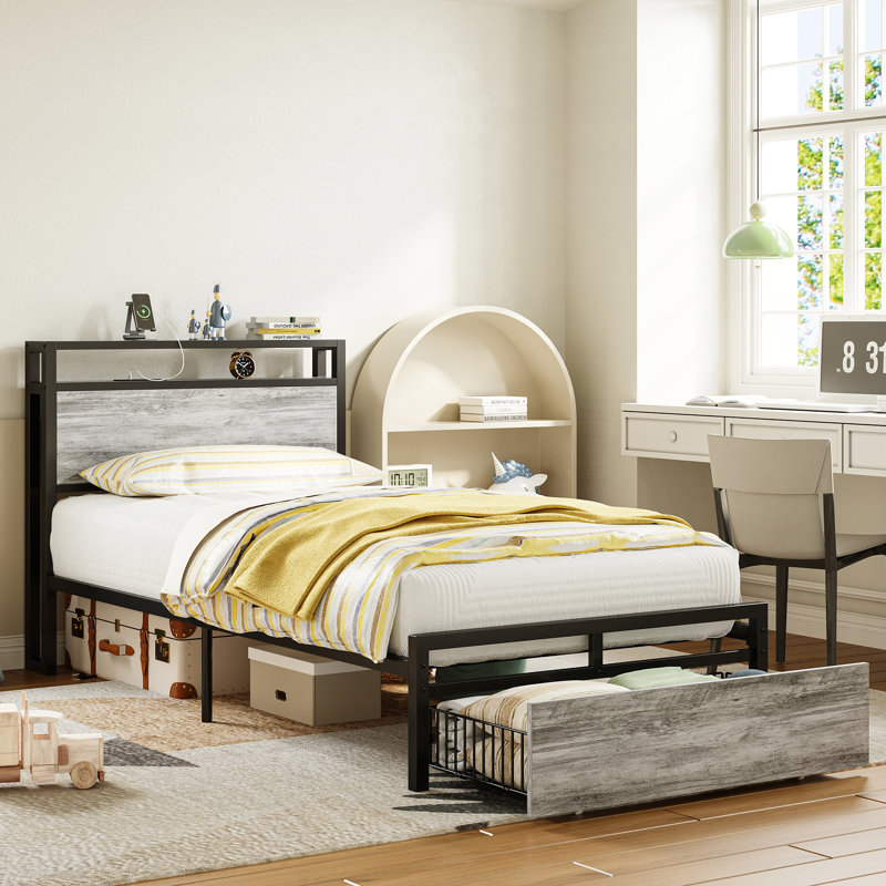 Bed Frames With Drawer, Industrial Gray, Extra-Long Twin