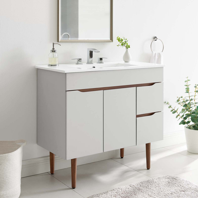 Gray White Mahogany Wood 36" Mid-Century Modern Bathroom Vanity