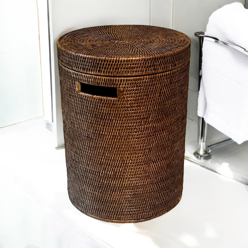 Tall Round Hamper With Cut Out Handle On The Side, White Wash, 28" H x 13.5" W x 13.5" D