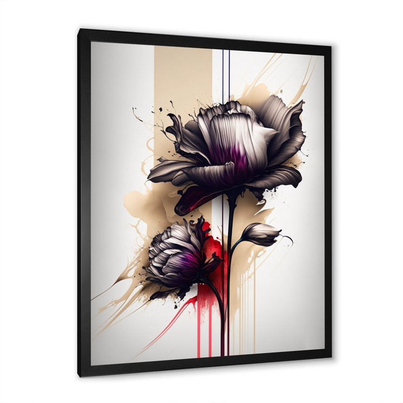 Fleur de pivoine rouge sur peinture abstraite IV - Peinture sur toile, Impression noire sur toile encadrée