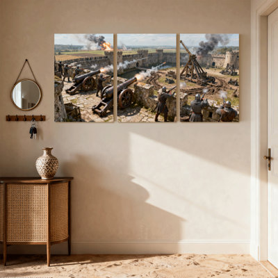 Mid-Century Medieval Siege Battle With Cannons And Soldiers Set of 3 Canvas Wall Art Prints