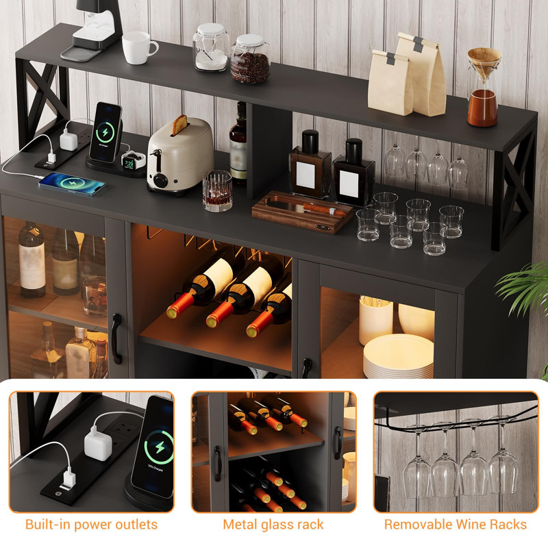 Armoire à vin multifonctionnelle avec éclairage à DEL, supports à vin, rangement en verre, support électrique et rangement pour outils pour la cuisine ou la salle à manger