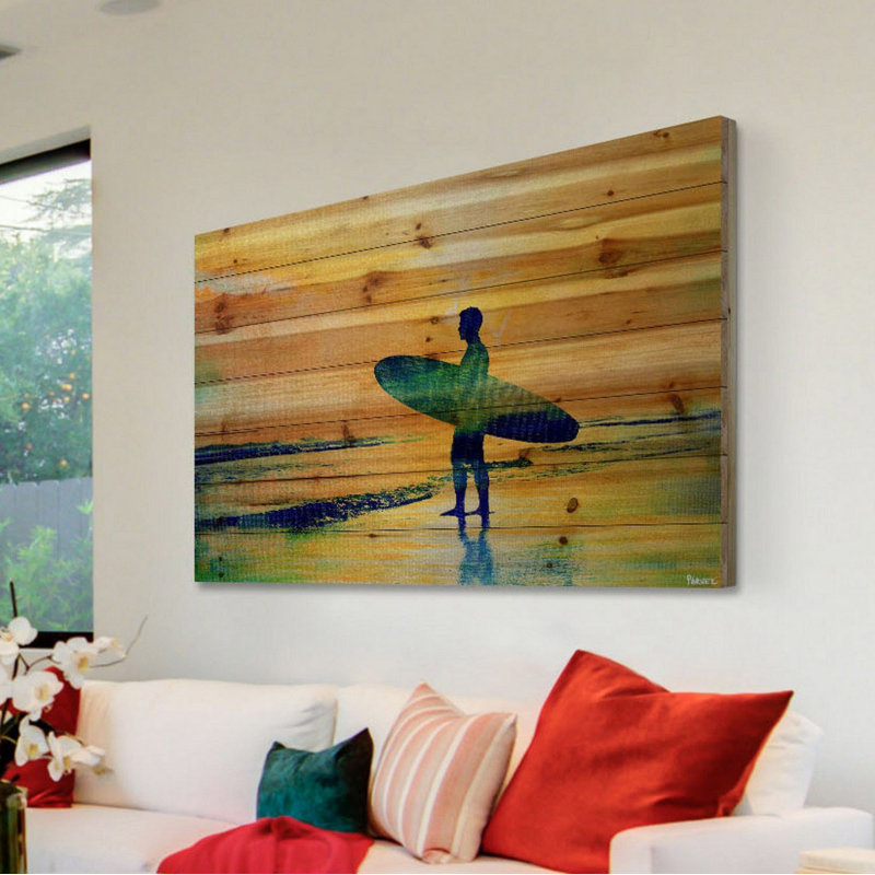 «Surf at Dusk» par Parvez Taj - Peinture sur bois, H 16 po x l 24 po x P 1,5 po