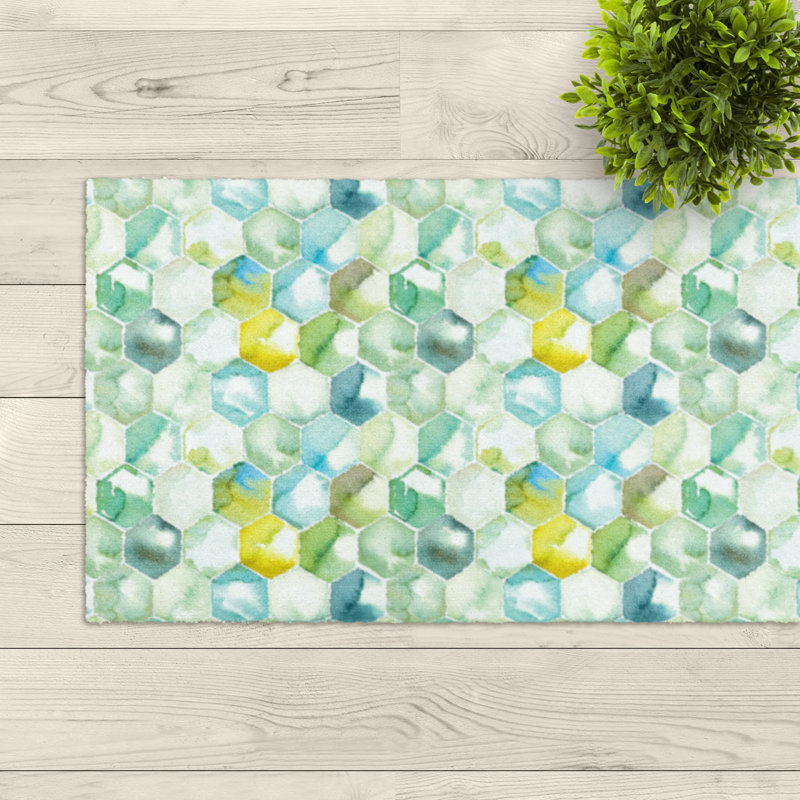 Fußmatte Fashion Printed - Waschbare Türmatte bedruckt Hexagon blau, 65cm W x 180cm L