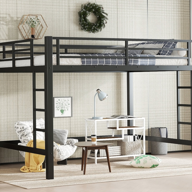 Metal Loft Bed, Loft Bed with Climbing Ladder and Guardrails, Queen