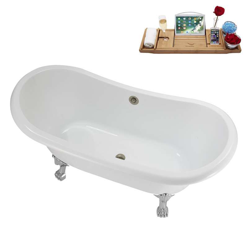 59" Streamline Clawfoot Tub,Tray,Drain, Clawfeet, Polished Chrome, Brushed Nickel