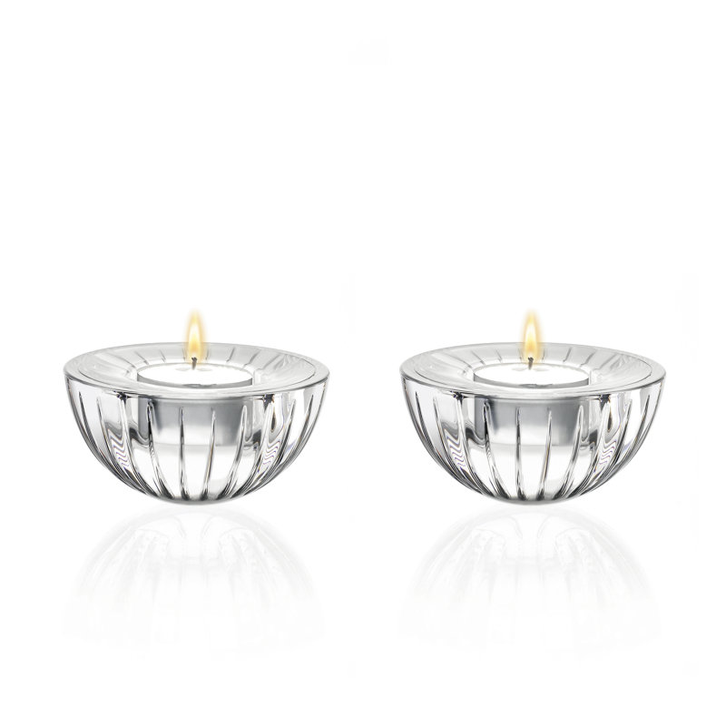 Glass - Tea Light Candle Holder - Set of 2 - Vertical  Lines Design - 3.5" Diameter