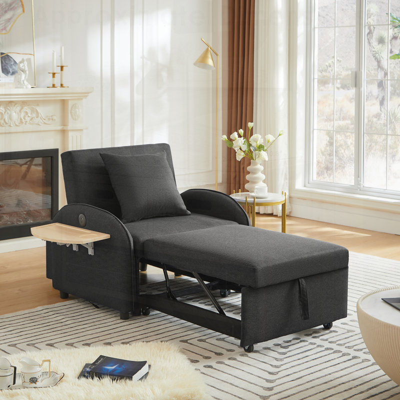 Fauteuil-canapé convertible 3 en 1 avec dossier réglable, table pliante, ports USB et Type-C, idéal pour les petits espaces et multifonctionnel.