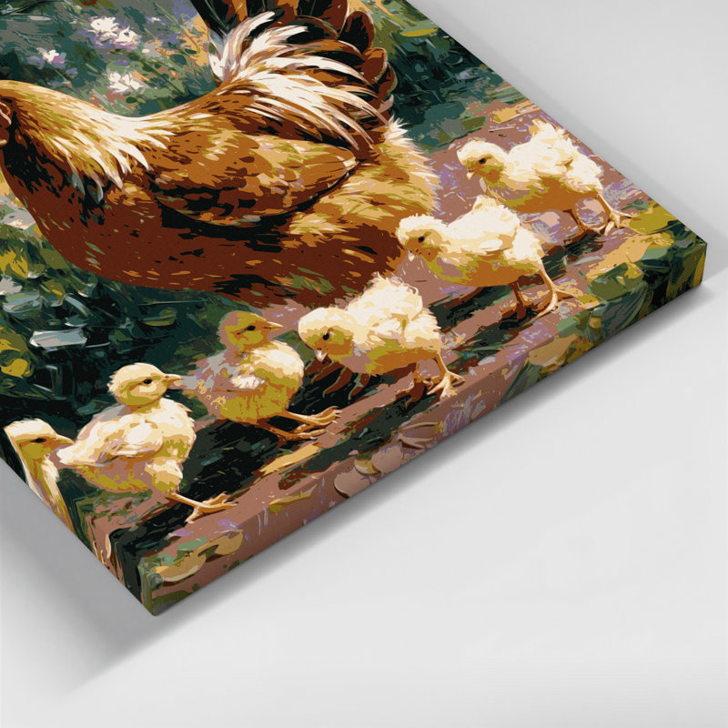 «Farm Hens with Chicks», art mural sur toile brune, H 12 po x l 12 po
