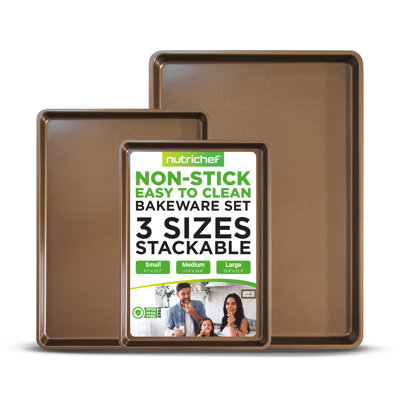 Ensemble de 3 moules à cuisson antiadhésifs Nuthausf - Plaques de cuisson au four en acier au carbone épais - Comprend des tailles XL, moyennes et petites - Plaques à biscuits polyvalentes pour la cuisson et le rôtissage, allant au lave-vaisselle - Doré