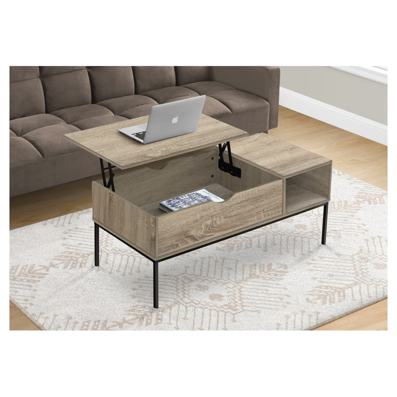Table basse à plateau relevable de 42 po avec rangement, table de cocktail rectangulaire, finition bois taupe foncé