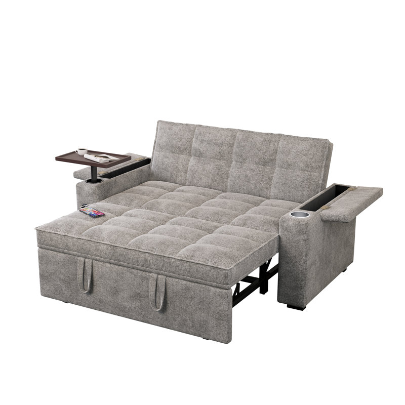 Canapé-lit convertible 65 po en chenille 65 po avec table d'appoint pivotante à 360 ° et charge USB - canapé-lit gris moderne pour petits espaces