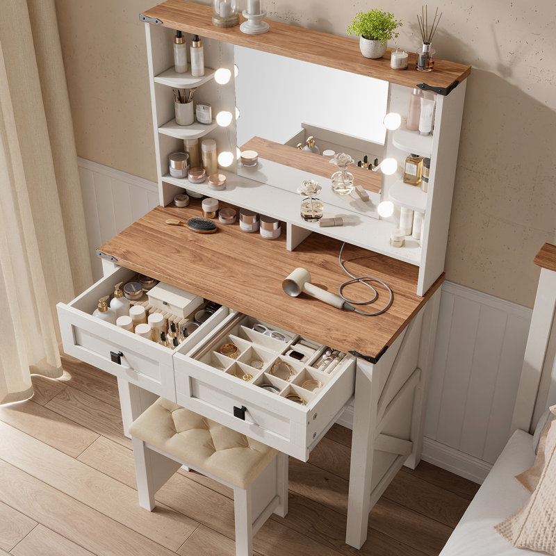 Bureau de meuble-lavabo avec miroir et lumières de l 31,5 po, Blanc / naturel