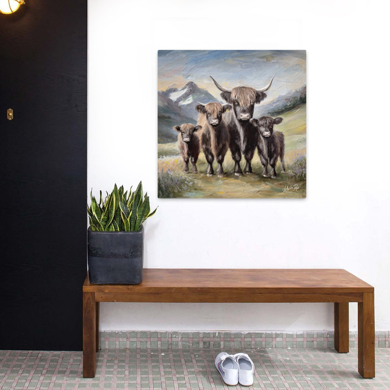 Highland Cow Family, art contemporain, H 32 po x l 32 po