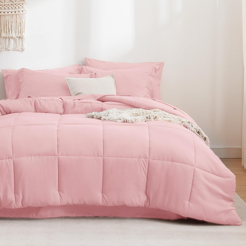 Bedsure Quilted Design Comforter Set, Pink, Queen Comforter + 6 Additional Pieces