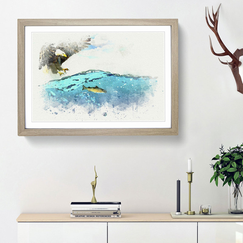 Eagle Hunting for Fish - Picture Frame Graphic Art Print, Oak Framed, 48cm H x 65cm W x 2cm D
