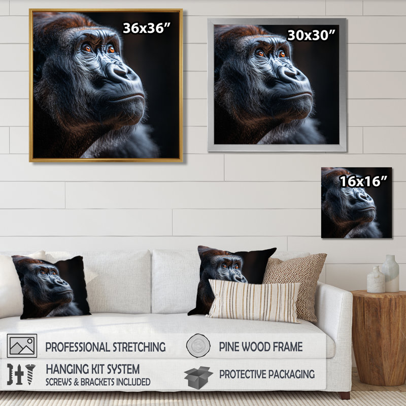 Profil de gorille sur fond noir uni II - art mural Gorillawall, Toile tendue, H 36 po x l 36 po x P 1,5 po