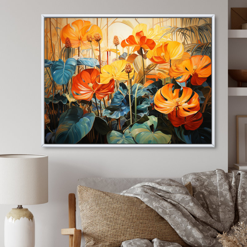 Plantes tropicales orange et vertes IV sur toile, H 24 po x l 32 po x P 1 po, Cadre flottant blanc