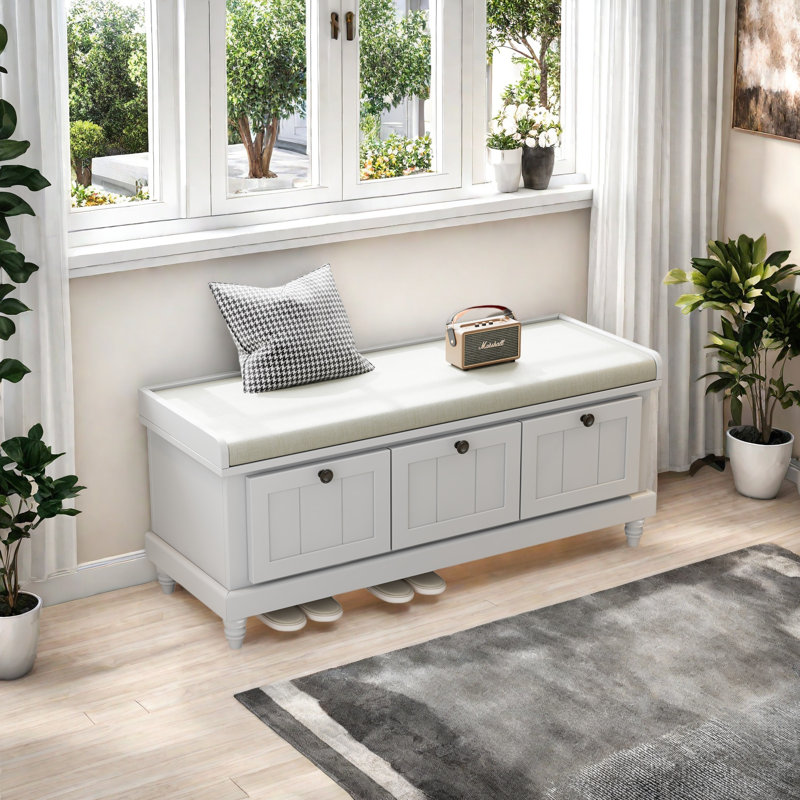 Banc à chaussures classique avec coussin et trois tiroirs, banc d'entrée cannelé avec rangement pour le salon, le vestibule et les couloirs