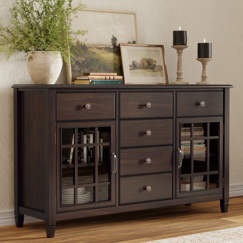 Connaught 60"W Solid Wood Traditional 3-Door Sideboard Buffet with Classic Molding and Adjustable Shelves, Chestnut Brown