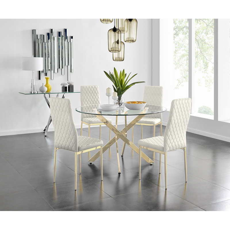 Bernell Modern Chrome Metal & Glass Round Dining Table Set with 4 Quilted Velvet Chairs, Gold, 75 x 100 x 100cm, Navy/Gold